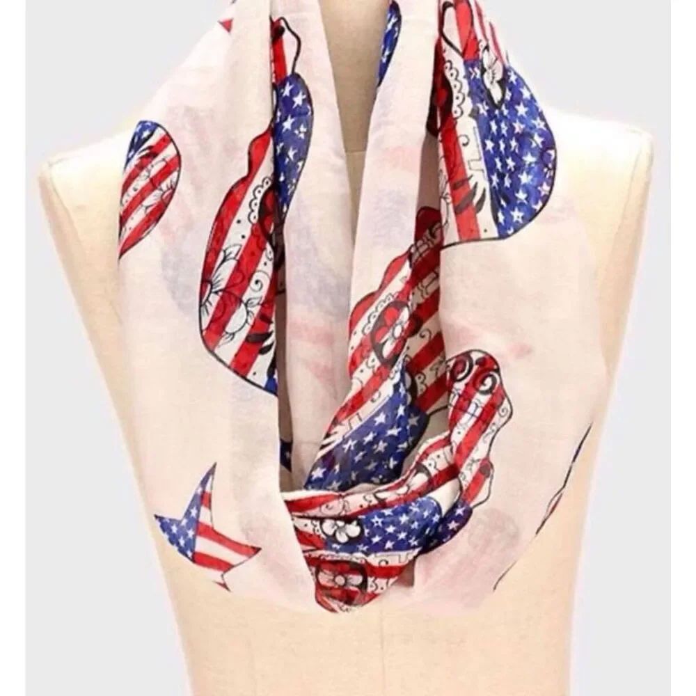 New Womens Boutique Patriotic Sugar Skull Americana Summer Scarf in Cream